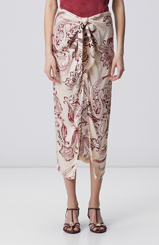 Vişne Şal Desenli Midi Etek
