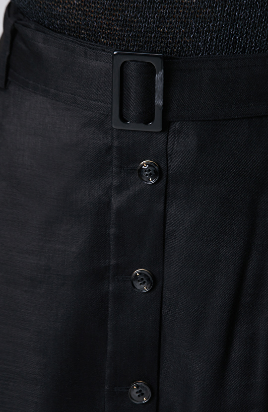 Siyah Düğmeli Midi Keten Etek