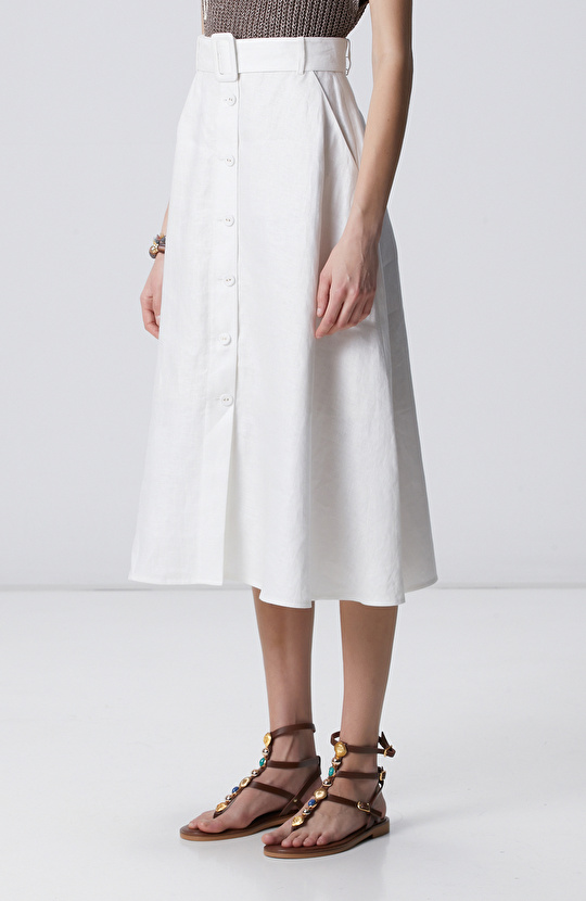 Kırık Beyaz Düğmeli Keten Midi Etek