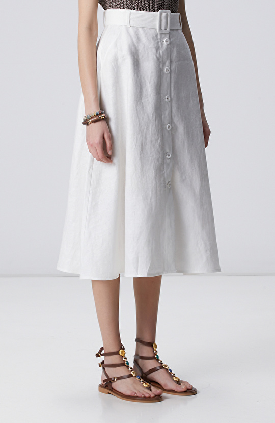 Kırık Beyaz Düğmeli Keten Midi Etek