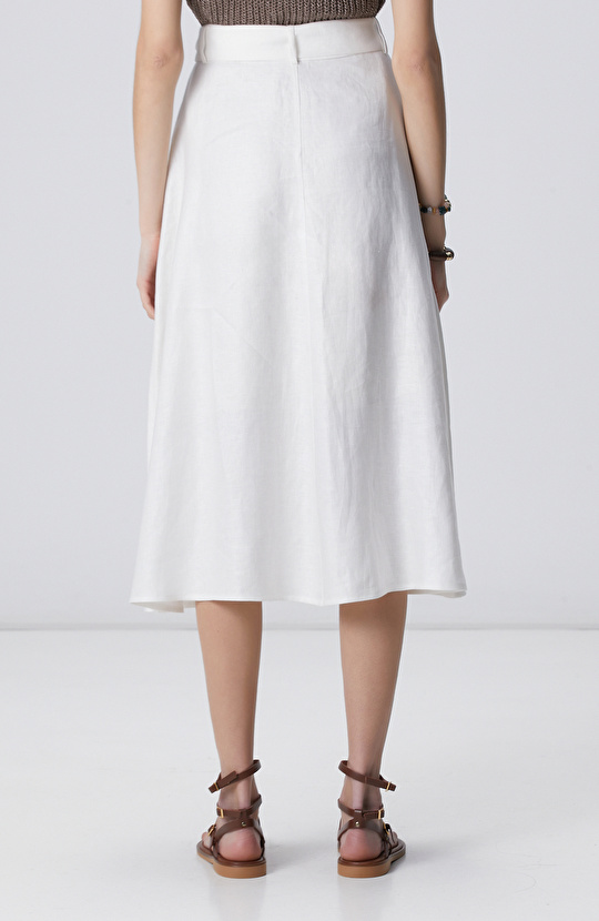 Kırık Beyaz Düğmeli Keten Midi Etek