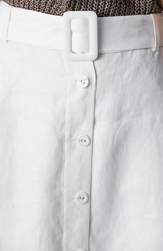 Kırık Beyaz Düğmeli Keten Midi Etek