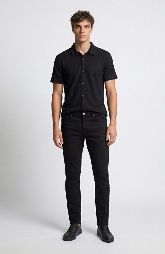 Siyah Slim Fit Armür Desen Pantolon