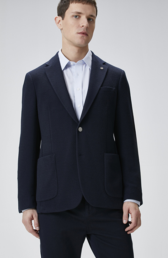 Lacivert Slim Fit Gofre Desen Örme Ceket