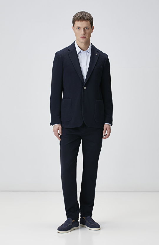 Lacivert Slim Fit Gofre Desen Örme Ceket