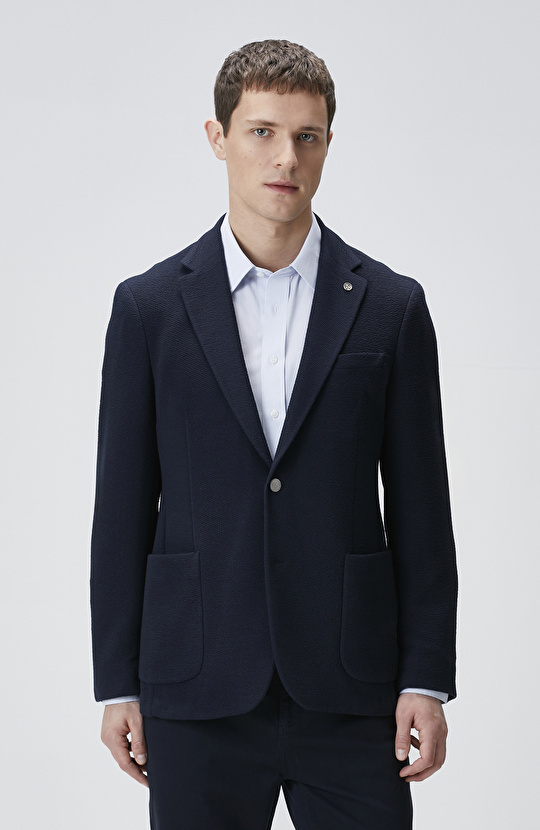 Lacivert Slim Fit Gofre Desen Örme Ceket