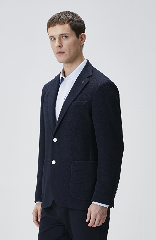 Lacivert Slim Fit Gofre Desen Örme Ceket