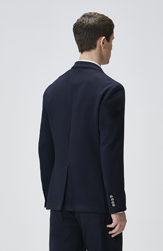 Lacivert Slim Fit Gofre Desen Örme Ceket