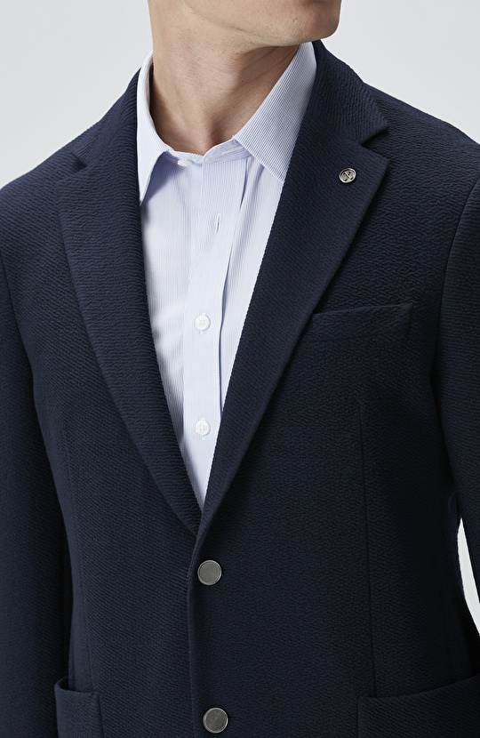 Lacivert Slim Fit Gofre Desen Örme Ceket