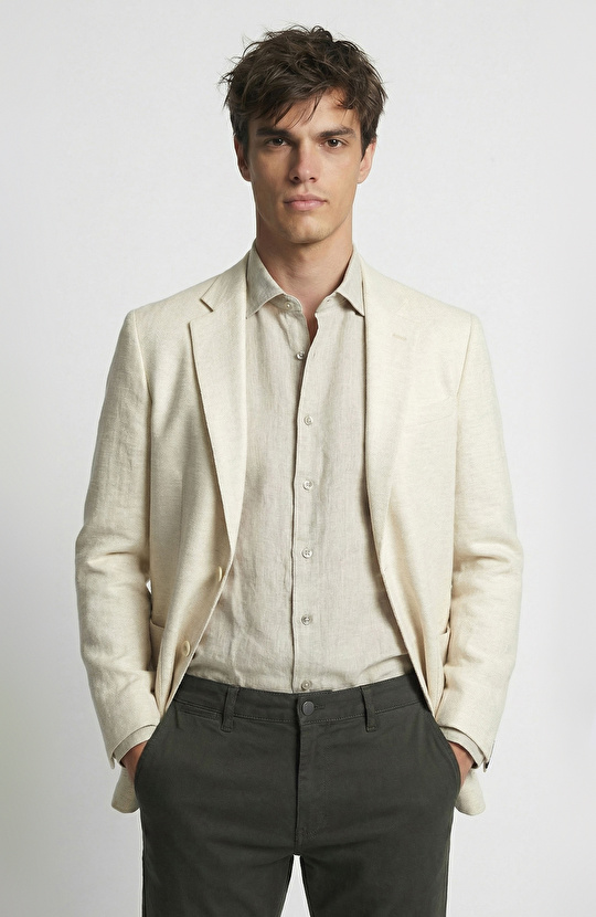 Bej  Mono Yaka Jakarlı Dokuma Ceket