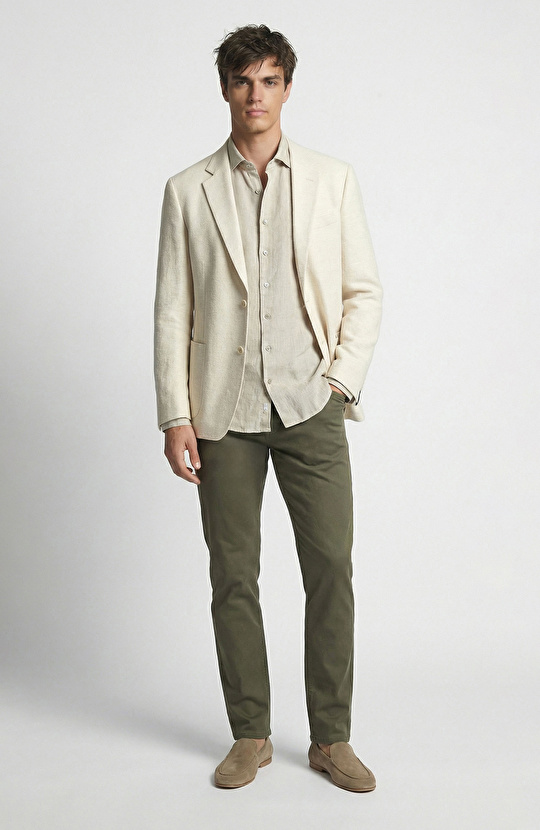 Bej  Mono Yaka Jakarlı Dokuma Ceket