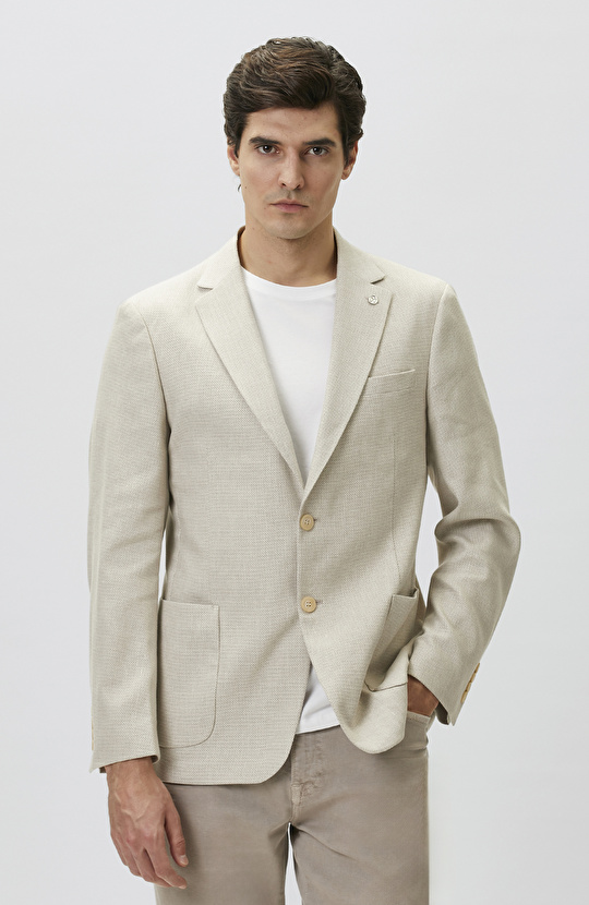 Slim Fit Bej Mono Yaka Jakarlı Dokuma Ceket