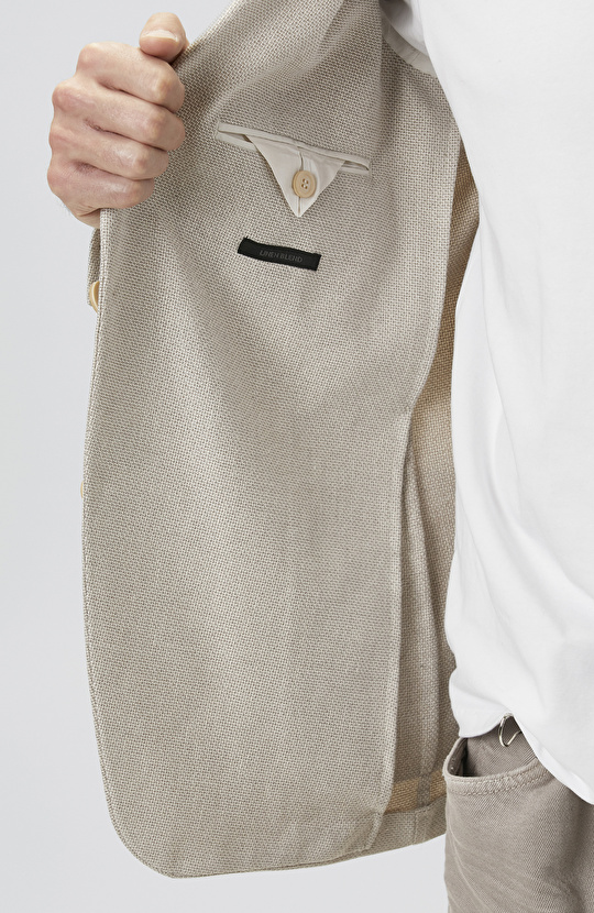 Slim Fit Bej Mono Yaka Jakarlı Dokuma Ceket