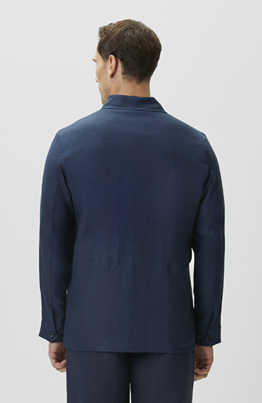 Comfort Fit Lacivert Cep Detaylı Keten Dış Gömlek