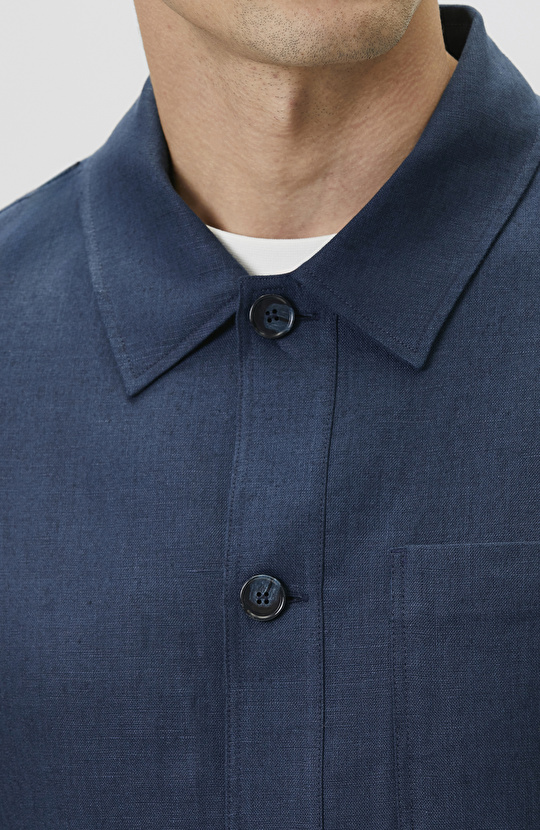 Comfort Fit Lacivert Cep Detaylı Keten Dış Gömlek