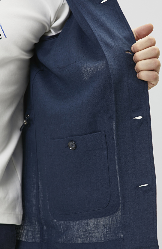 Comfort Fit Lacivert Cep Detaylı Keten Dış Gömlek