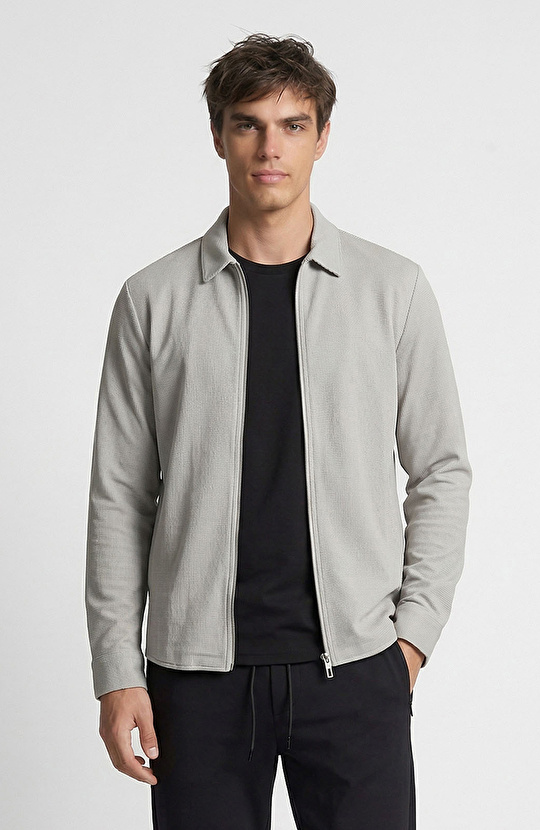 Gri Slim Fit Çizgili Göğüs Cep Detaylı Dış Gömlek