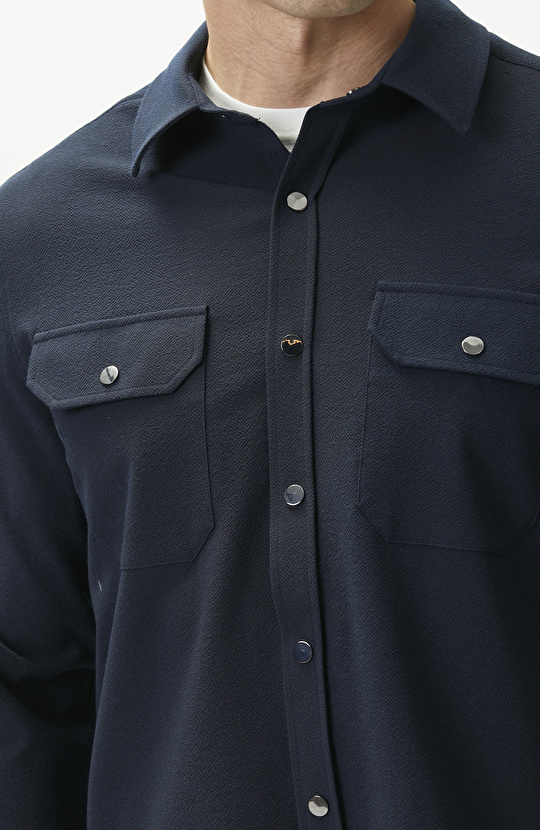 Comfort Fit Lacivert Gofre Desen Dış Gömlek