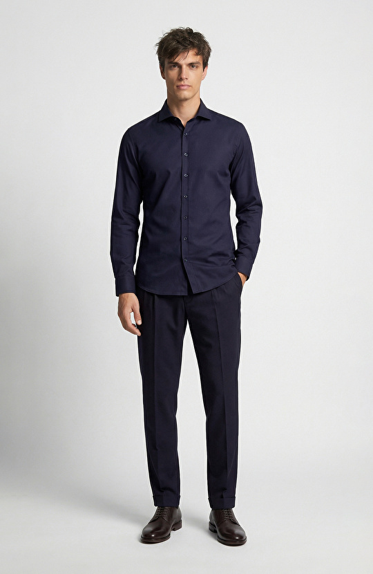 Slim Fit Lacivert Düz Pamuk Saten Gömlek