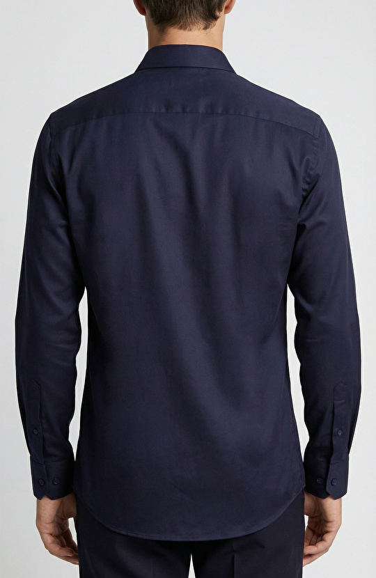 Slim Fit Lacivert Düz Pamuk Saten Gömlek