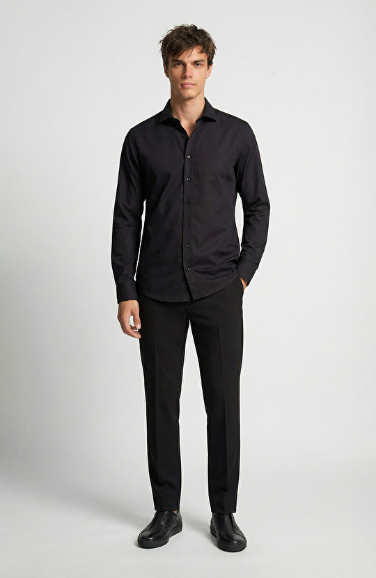 Slim Fit Düz Pamuk Saten Gömlek