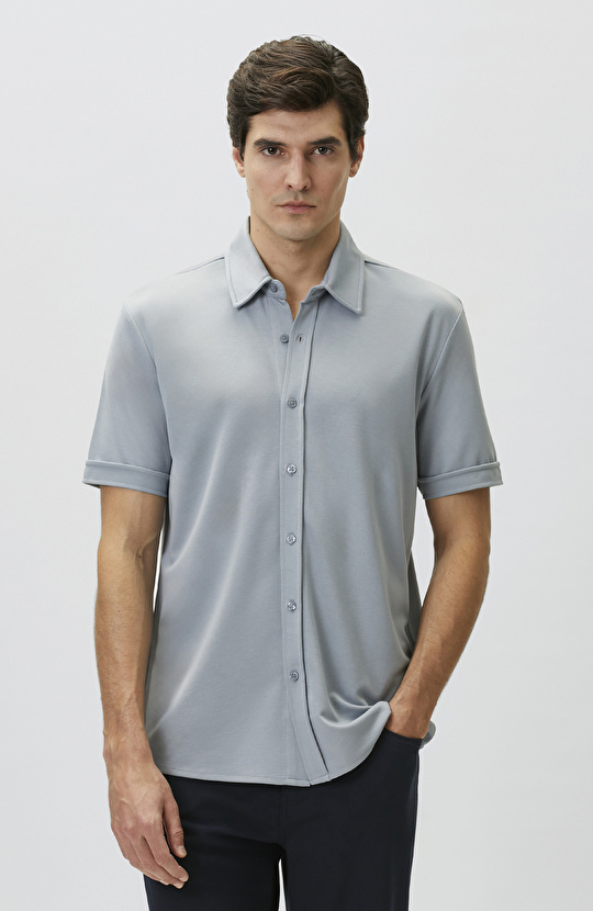 Slim Fit Light Blue Short Sleeve Knitted Shirt