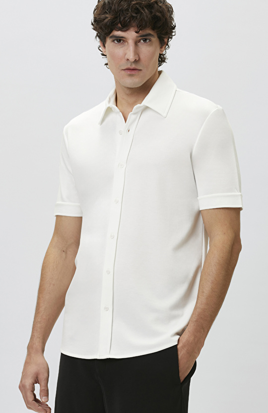 Slim Fit Kırık Beyaz Kısa Kol Örme Gömlek