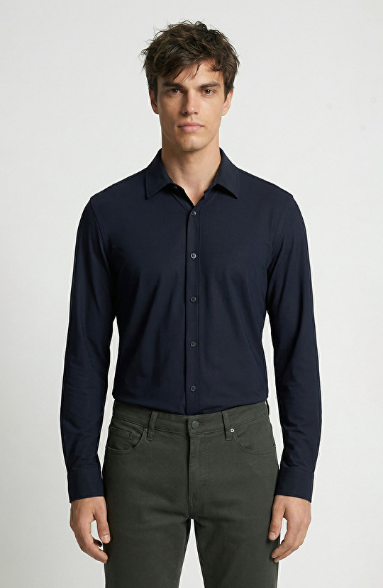 Lacivert Uzun Kollu Teknik Örme Gömlek