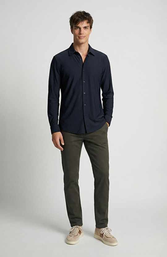 Lacivert Uzun Kollu Teknik Örme Gömlek