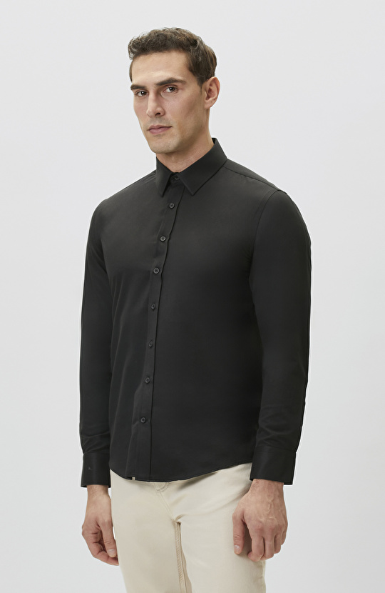 Slim Fit Siyah Diyagonal Cotton Gömlek