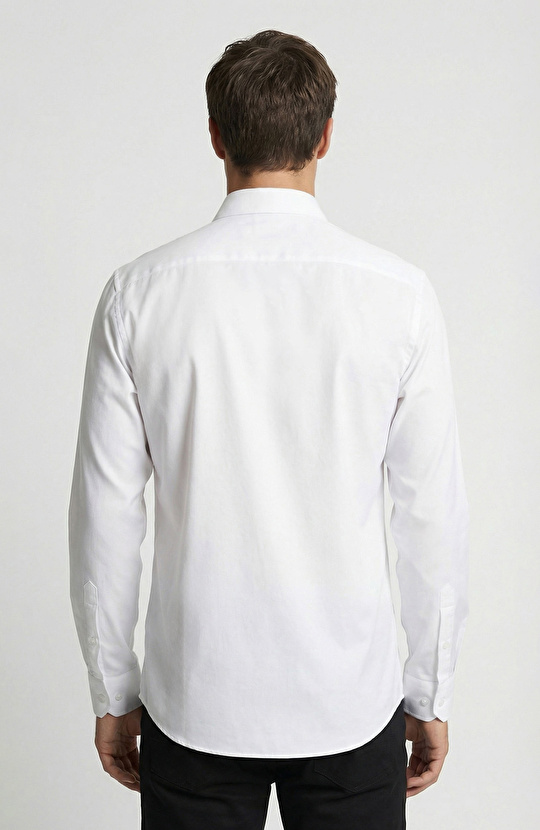 Slim Fit Beyaz Lycralı Cotton Petek Desen Gömlek