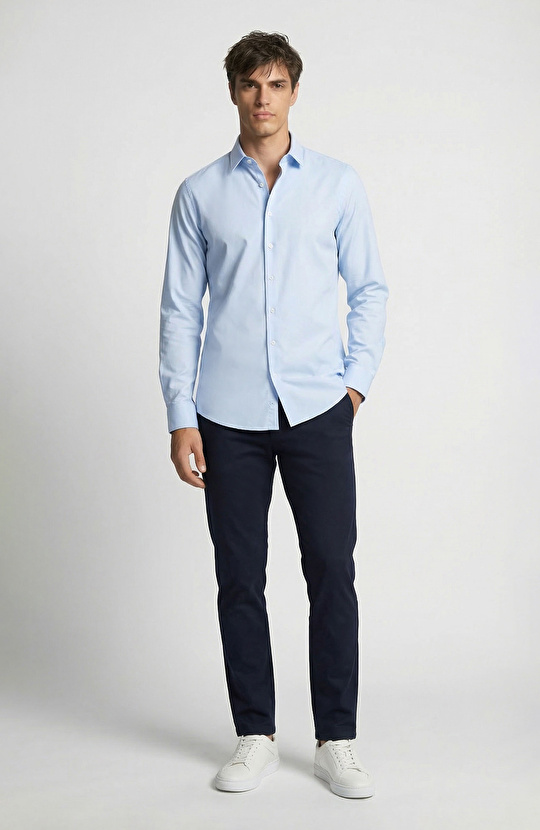 Slim Fit Mavi Lycralı Cotton Petek Desen Gömlek