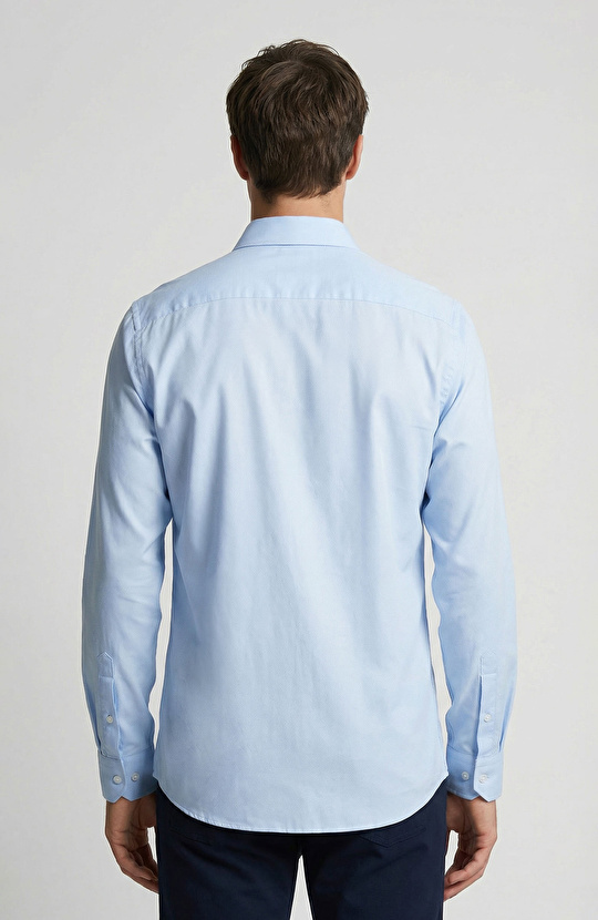 Slim Fit Mavi Lycralı Cotton Petek Desen Gömlek