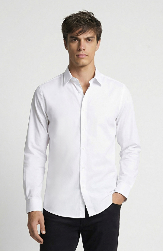 Slim Fit Beyaz Lycralı Cotton Petek Desen Gömlek