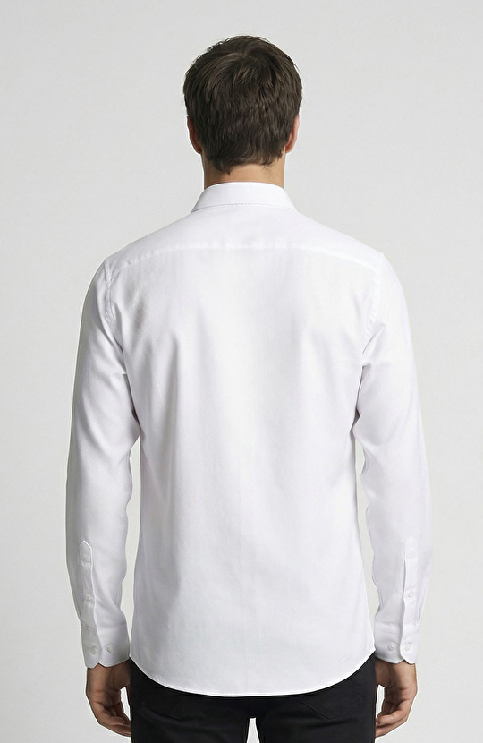 Slim Fit Beyaz Lycralı Cotton Petek Desen Gömlek