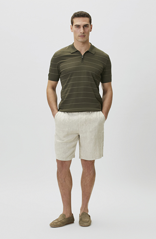 Haki Fermuarlı Polo Yaka Çizgili Kısa Kol Kazak