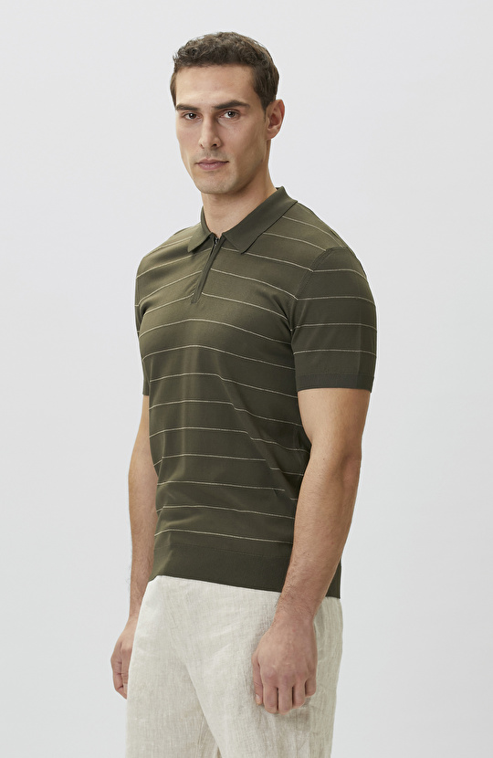 Haki Fermuarlı Polo Yaka Çizgili Kısa Kol Kazak