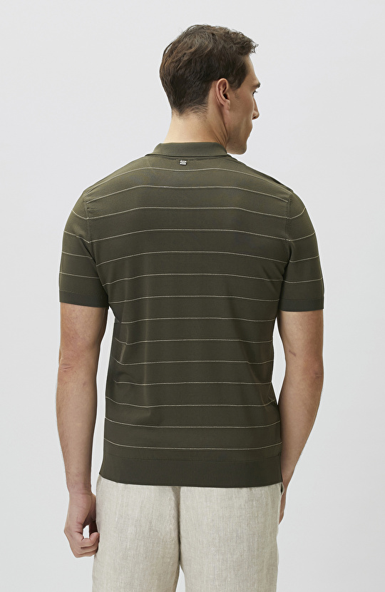 Haki Fermuarlı Polo Yaka Çizgili Kısa Kol Kazak