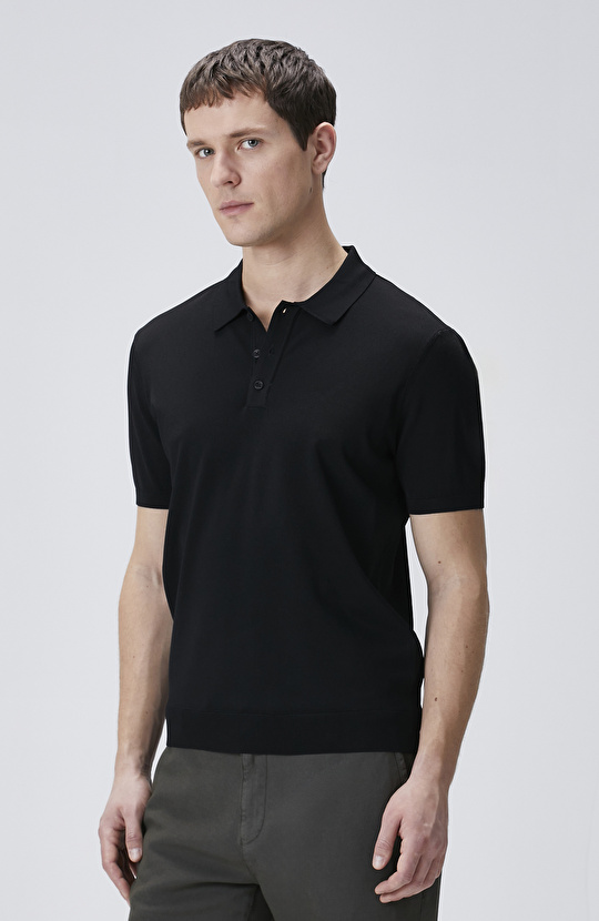 Siyah Polo Yaka Kısa Kol Rayon Kazak