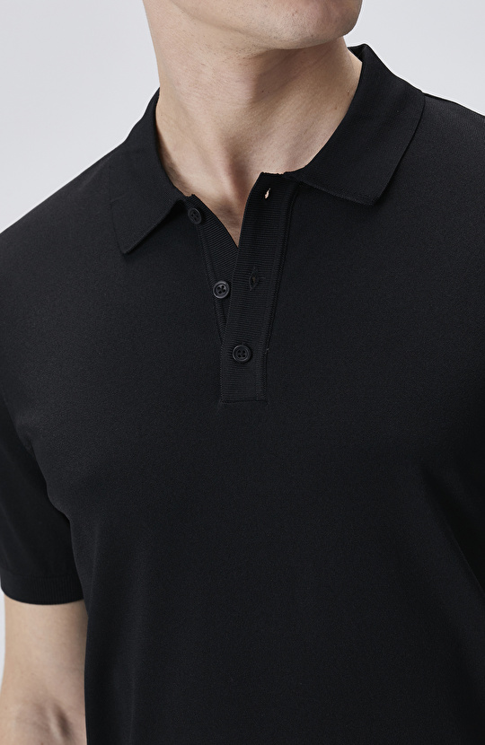 Siyah Polo Yaka Kısa Kol Rayon Kazak