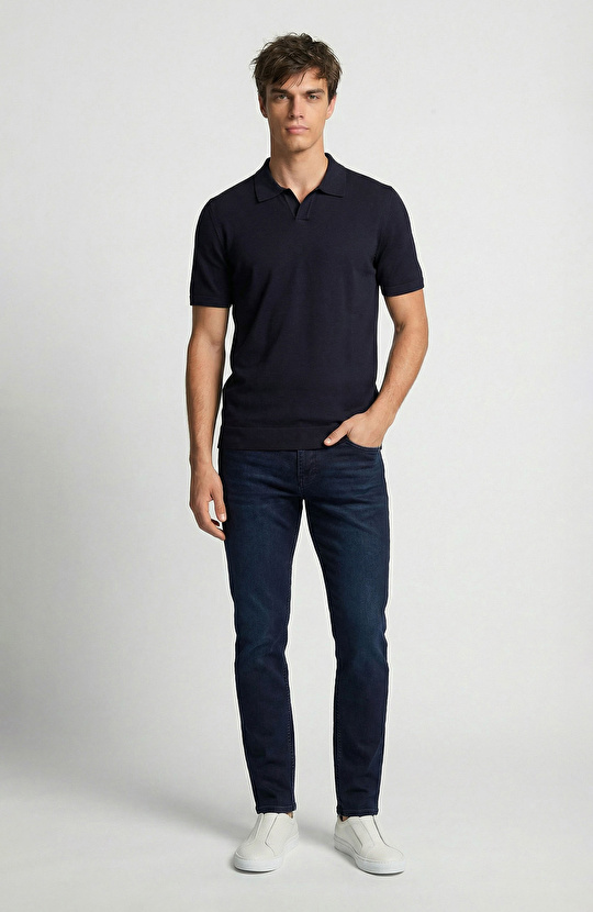 Lacivert Apaş Yaka Basic Kısa Kol Kazak