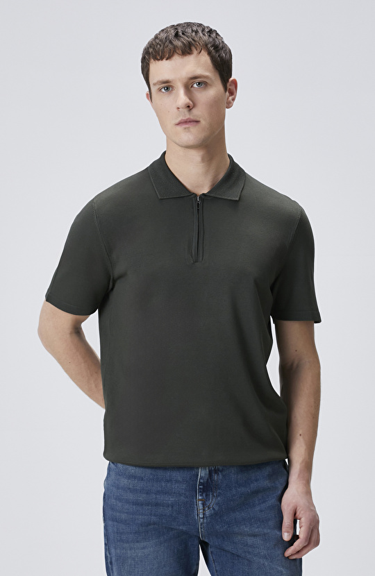 Haki Polo Gizli Patlı Fermuarlı Kazak