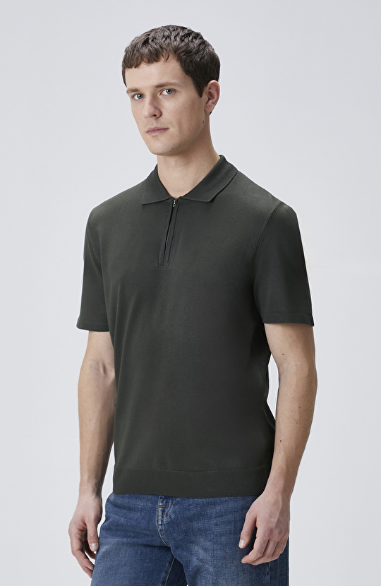 Haki Polo Gizli Patlı Fermuarlı Kazak