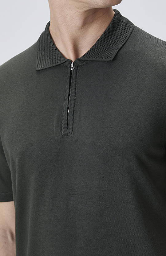 Haki Polo Gizli Patlı Fermuarlı Kazak