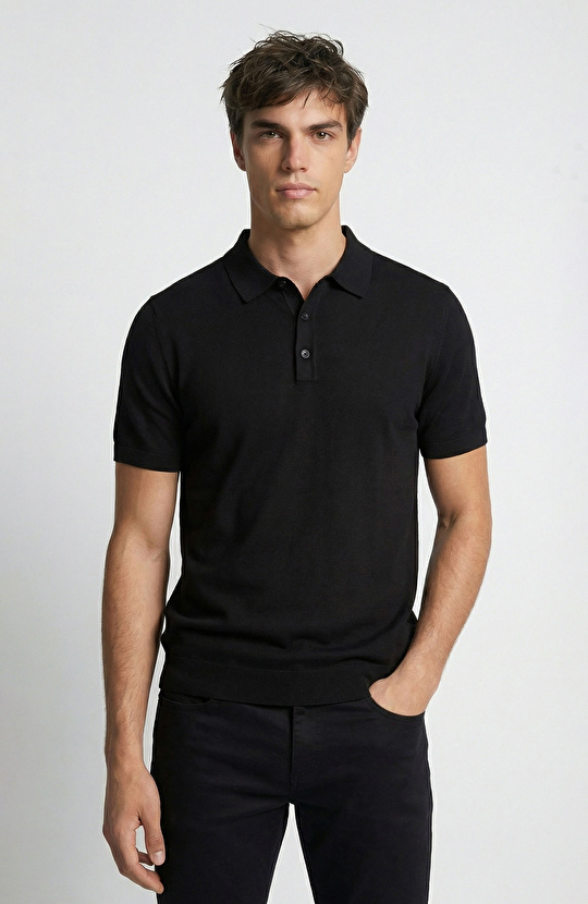 Siyah Polo Yaka Kısa Kol Patı Renkli Kazak