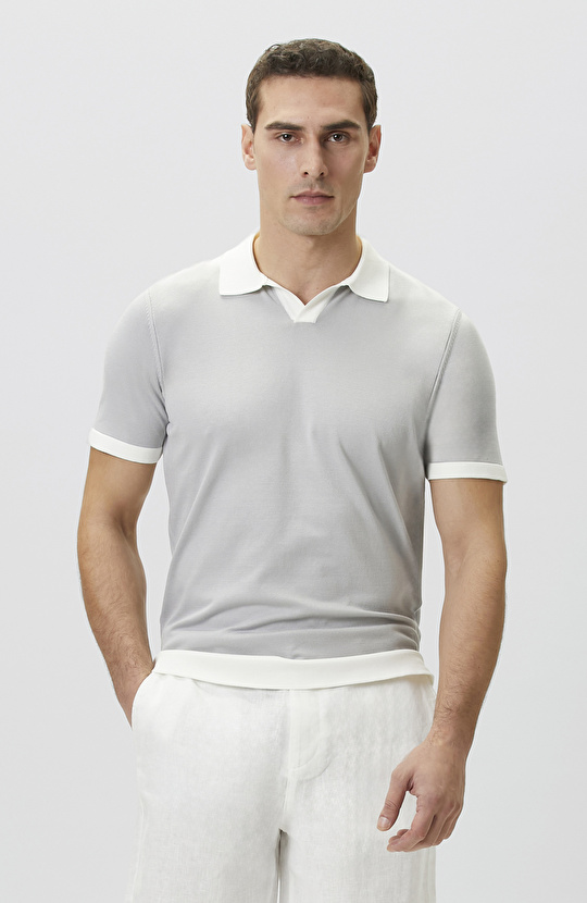 Gri Apaş Yaka Kontrast Renk Detaylı Kazak