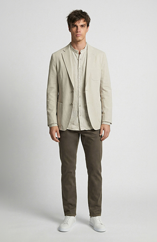 Bej Mono Yaka Diyagonal Örme Ceket