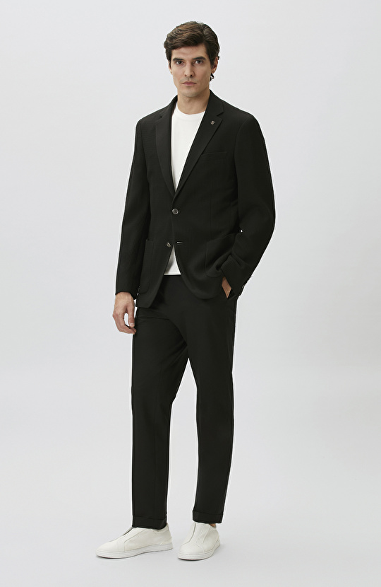 Slim Fit Siyah Mono Yaka Gofreli Örme Ceket