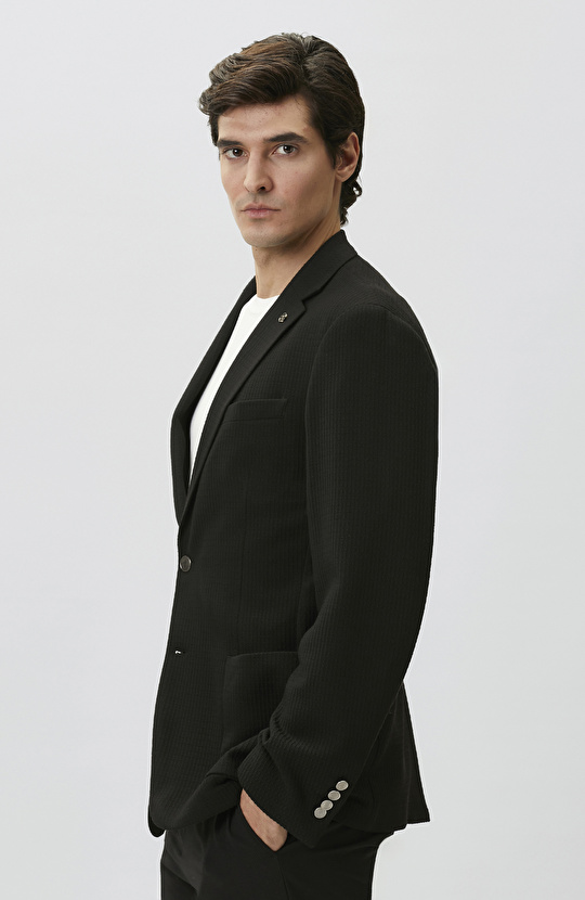 Slim Fit Siyah Mono Yaka Gofreli Örme Ceket