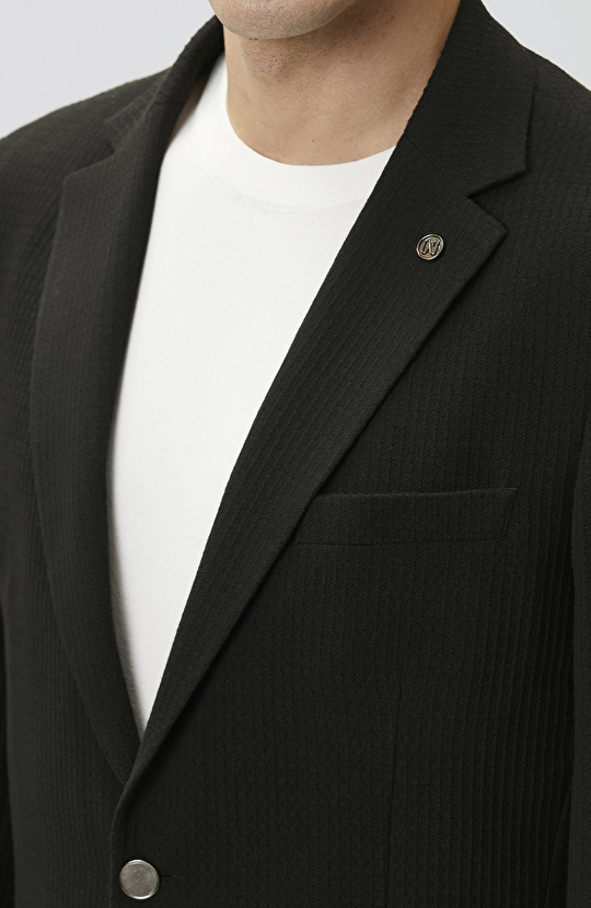 Slim Fit Siyah Mono Yaka Gofreli Örme Ceket